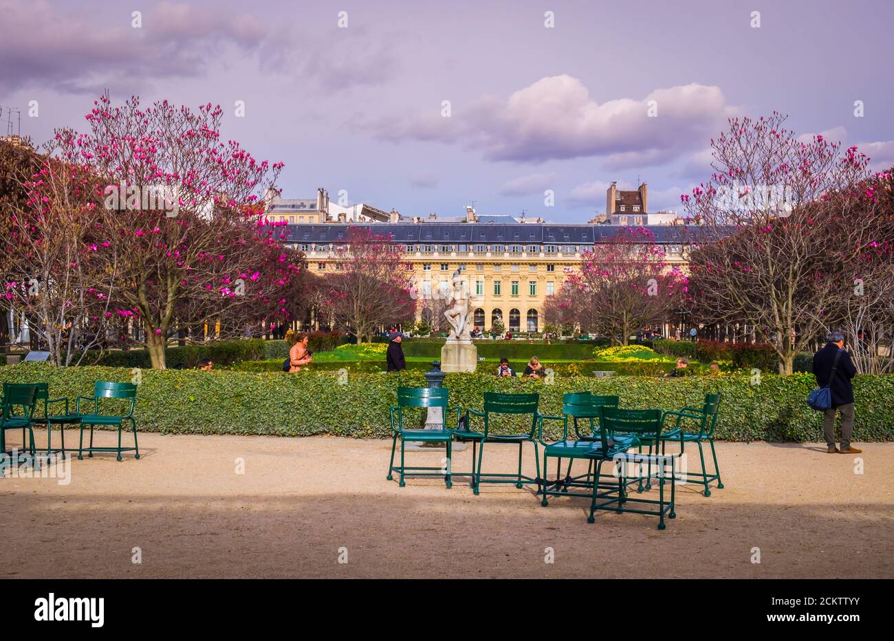 Paris, France, Feb 2020, view of the Palais-Royal garden with the statue by Adolphe Thabard, `The charmeur de serpent Stock Photo